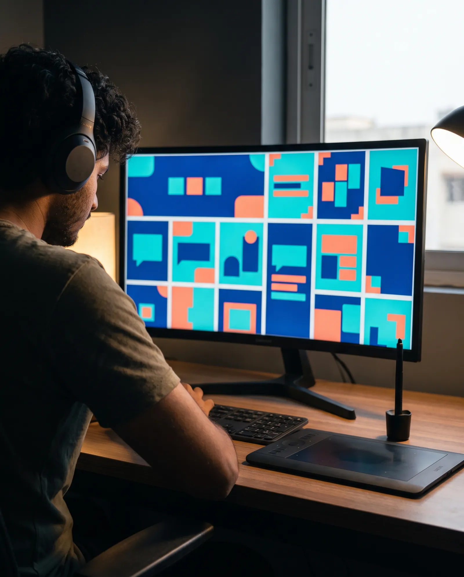 Designer wearing headphones working on a grid of social media posts at a large monitor