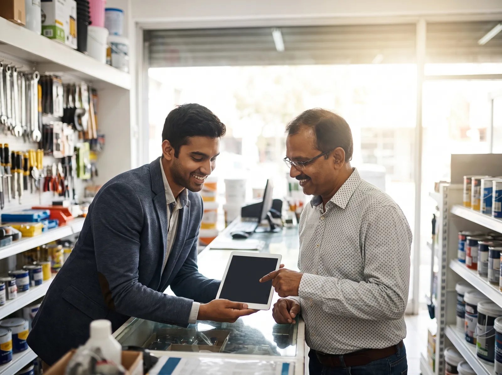 Account manager showing a tablet to a shop owner inside his store