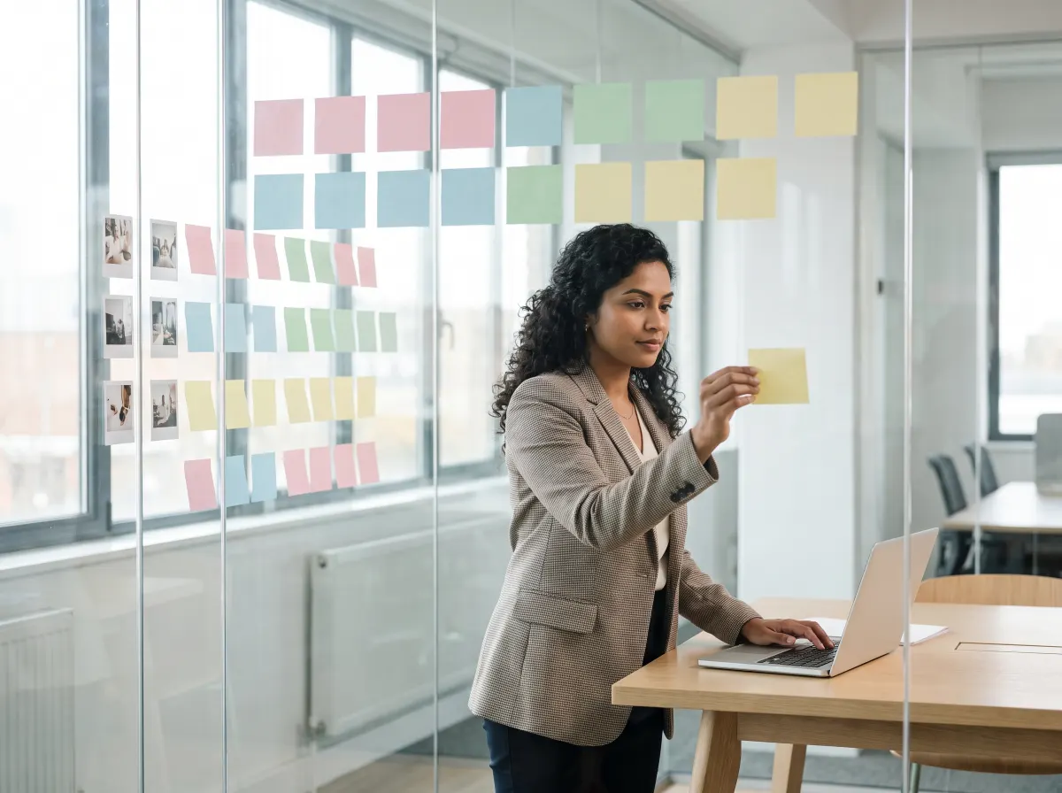 Marketing manager arranging notes on a content planning board