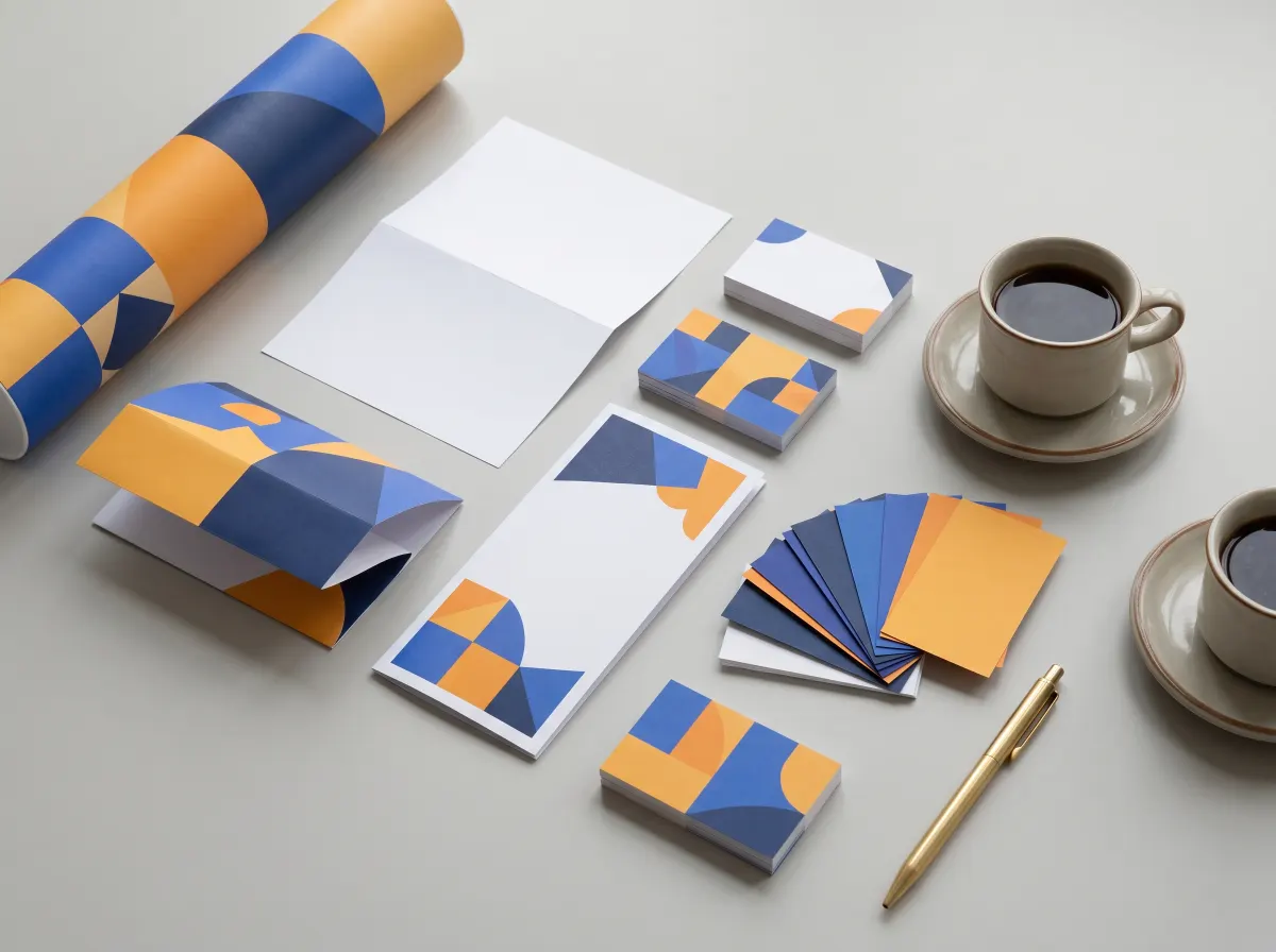 Printed flyers, business cards, a menu and colour swatches on a designer's desk