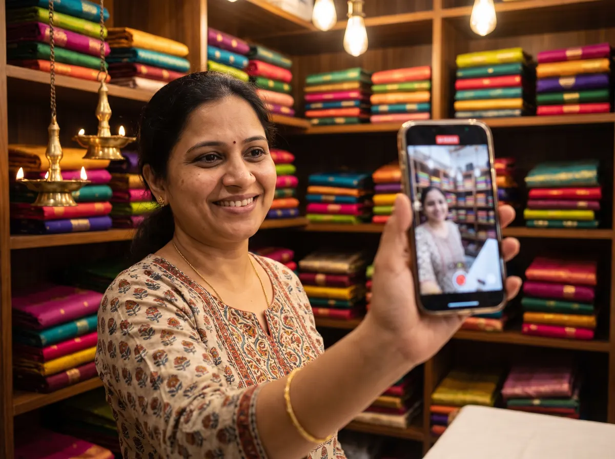 Boutique owner filming a vertical story of saree shelves on her phone