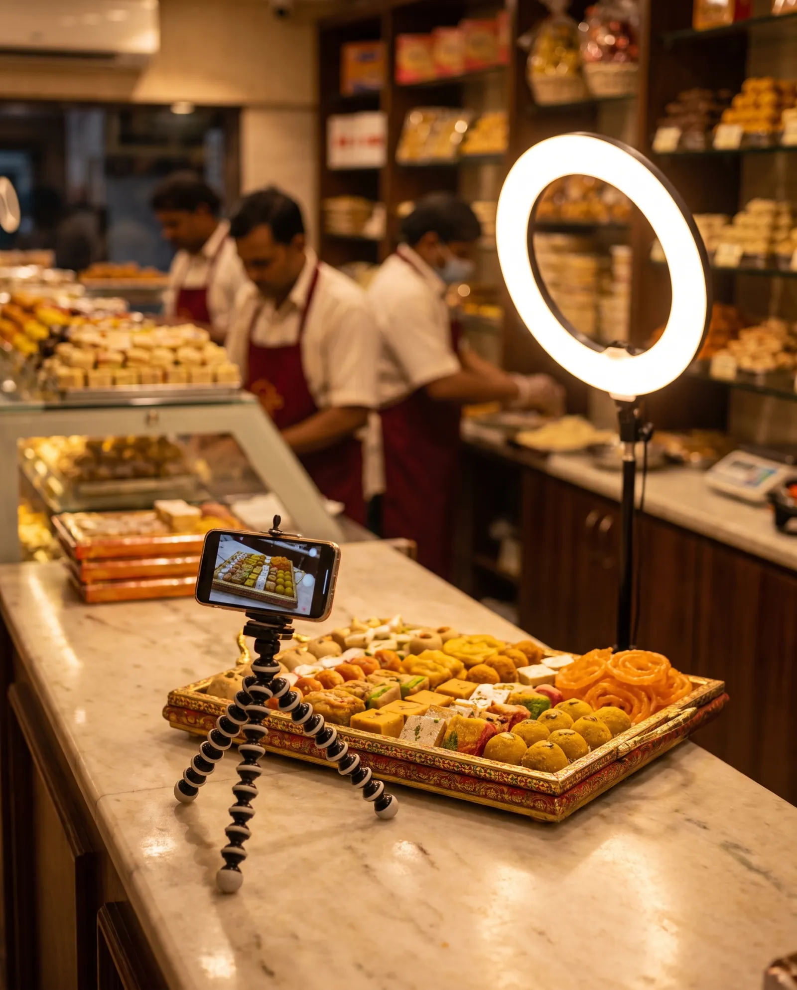 Phone on a tripod filming a tray of Indian sweets in a mithai shop