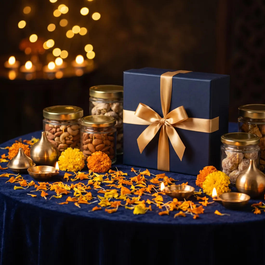 Navy and gold Diwali gift hamper surrounded by diyas and marigolds