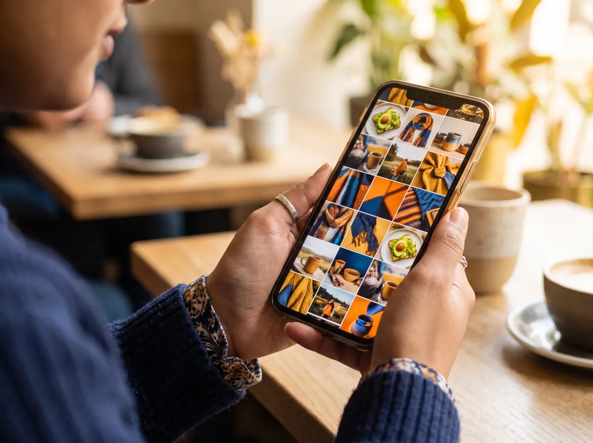Hands holding a phone showing a colourful grid of social media posts