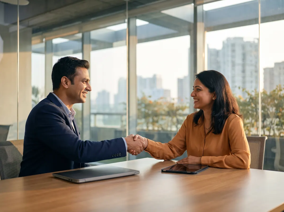 Two business partners shaking hands in a meeting room