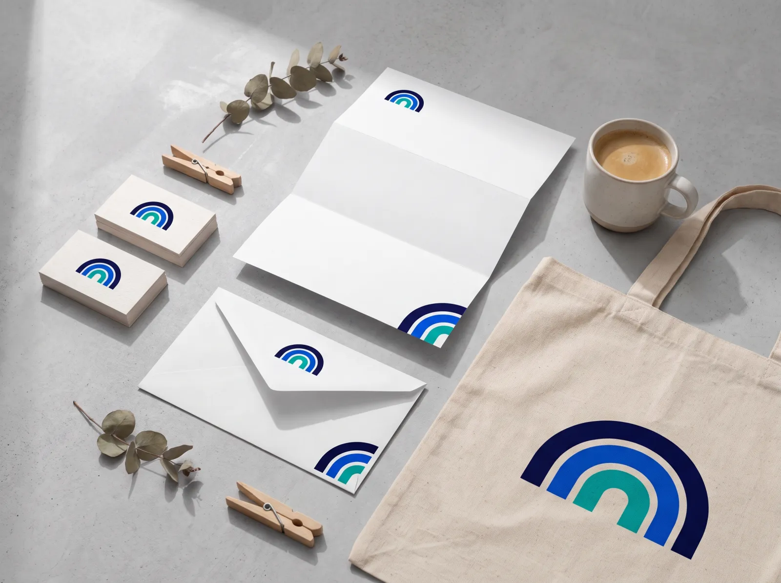 Brand identity stationery: business cards, letterhead, envelope and tote bag