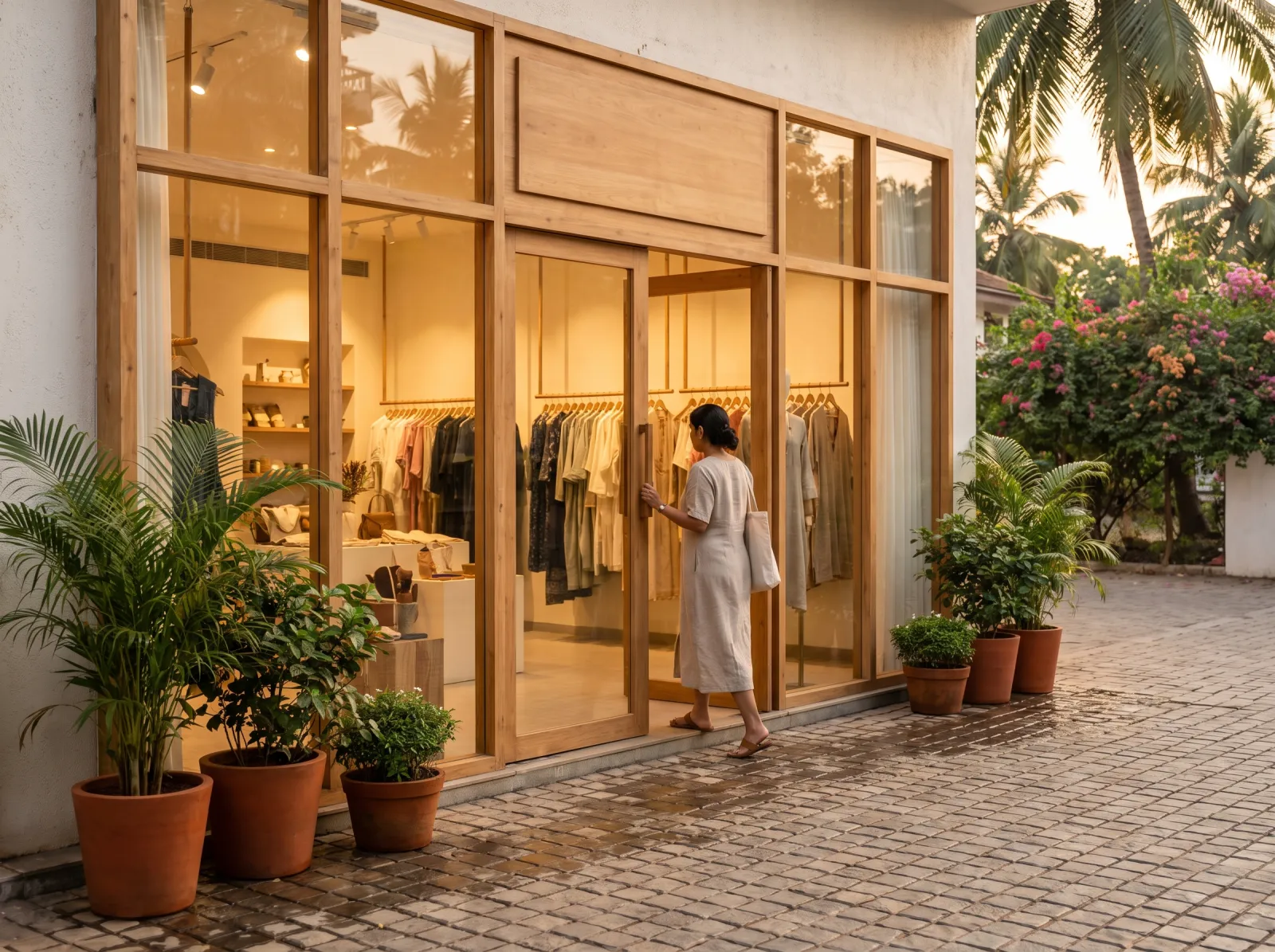 Customer walking into a warmly lit boutique storefront at golden hour